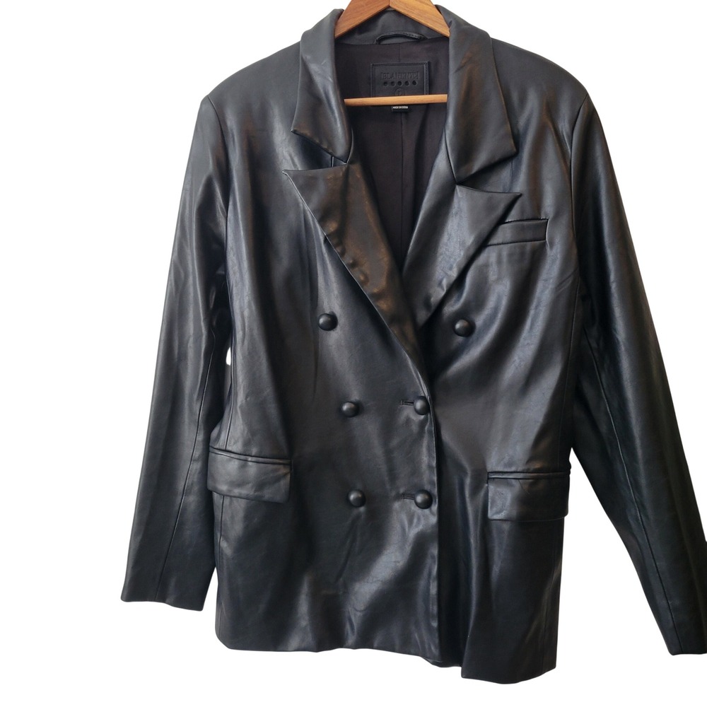 BLANKNYC Black Faux Leather Double Breasted Blazer Jacket Sz L Pockets Business - Picture 10 of 16